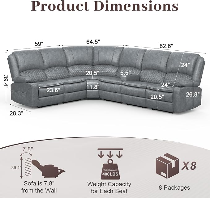 Yolsali Manual Reclining Sectional Sofa Set, 6 Seats Soft Leather Recliner - Image 2