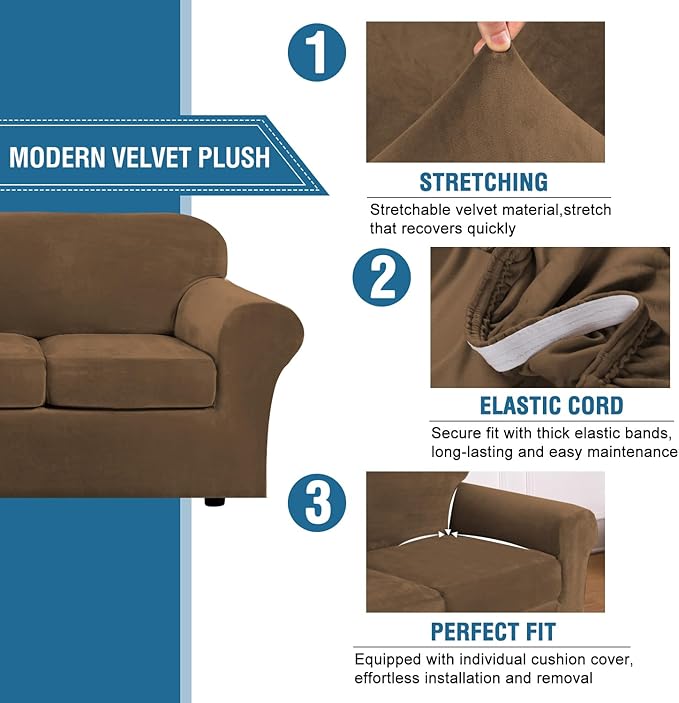 H.VERSAILTEX Modern Velvet Plush 4 Piece High Stretch Sofa Slipcover Sofa Cover - Image 3
