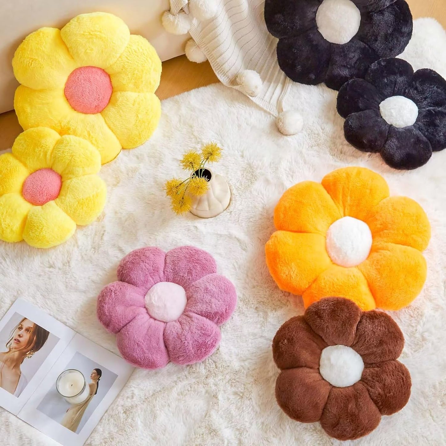 Brown Flower Pillow, 17.7" Flower Shaped Plush Decorative Throw Pillow for Bed