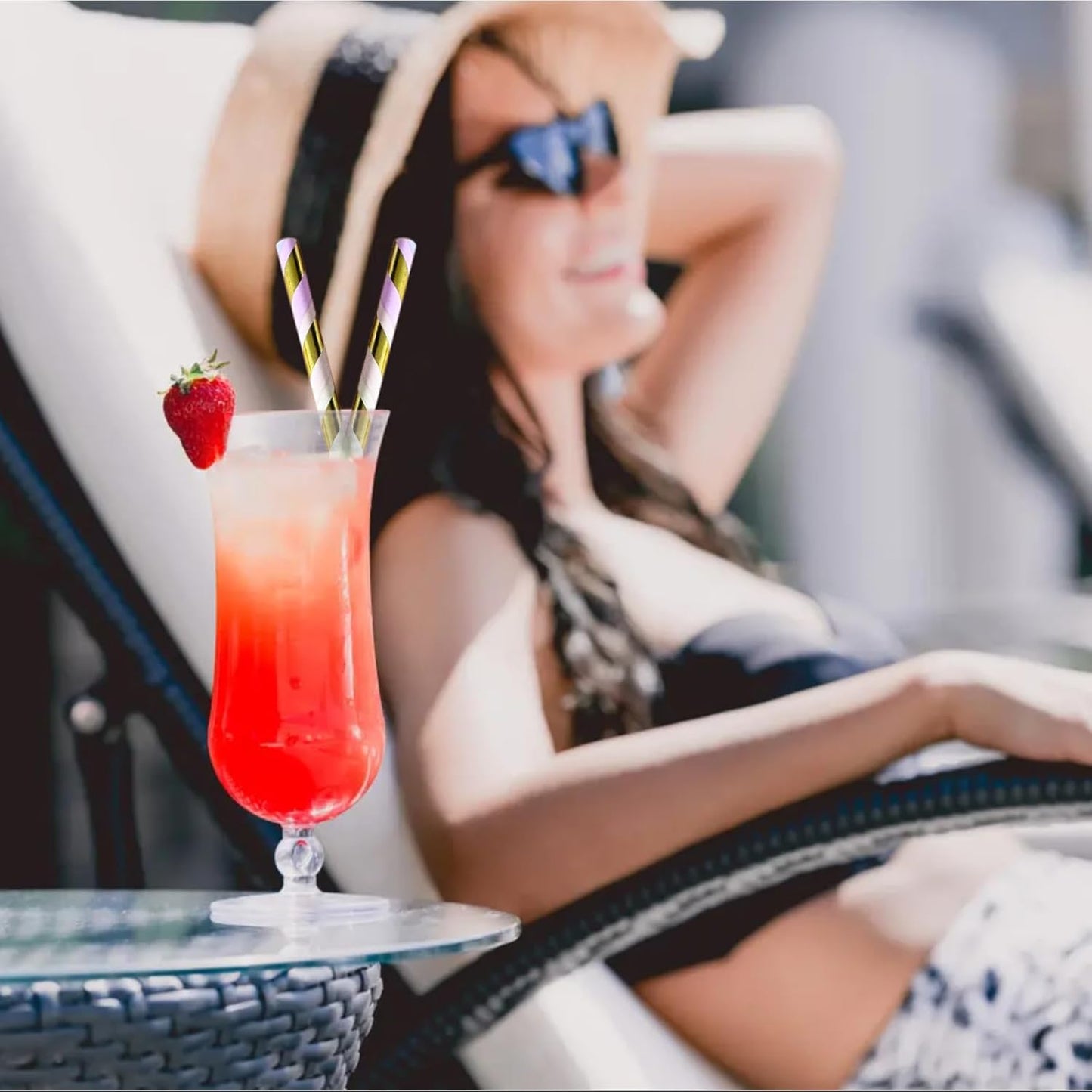 YAOSHENG [100 Pack] Pink & Gold Paper Straws Disposable, 100% Biodegradable Multi-Pattern Party Straws For Birthday, Wedding and Holiday Decoration (Seven Colors)