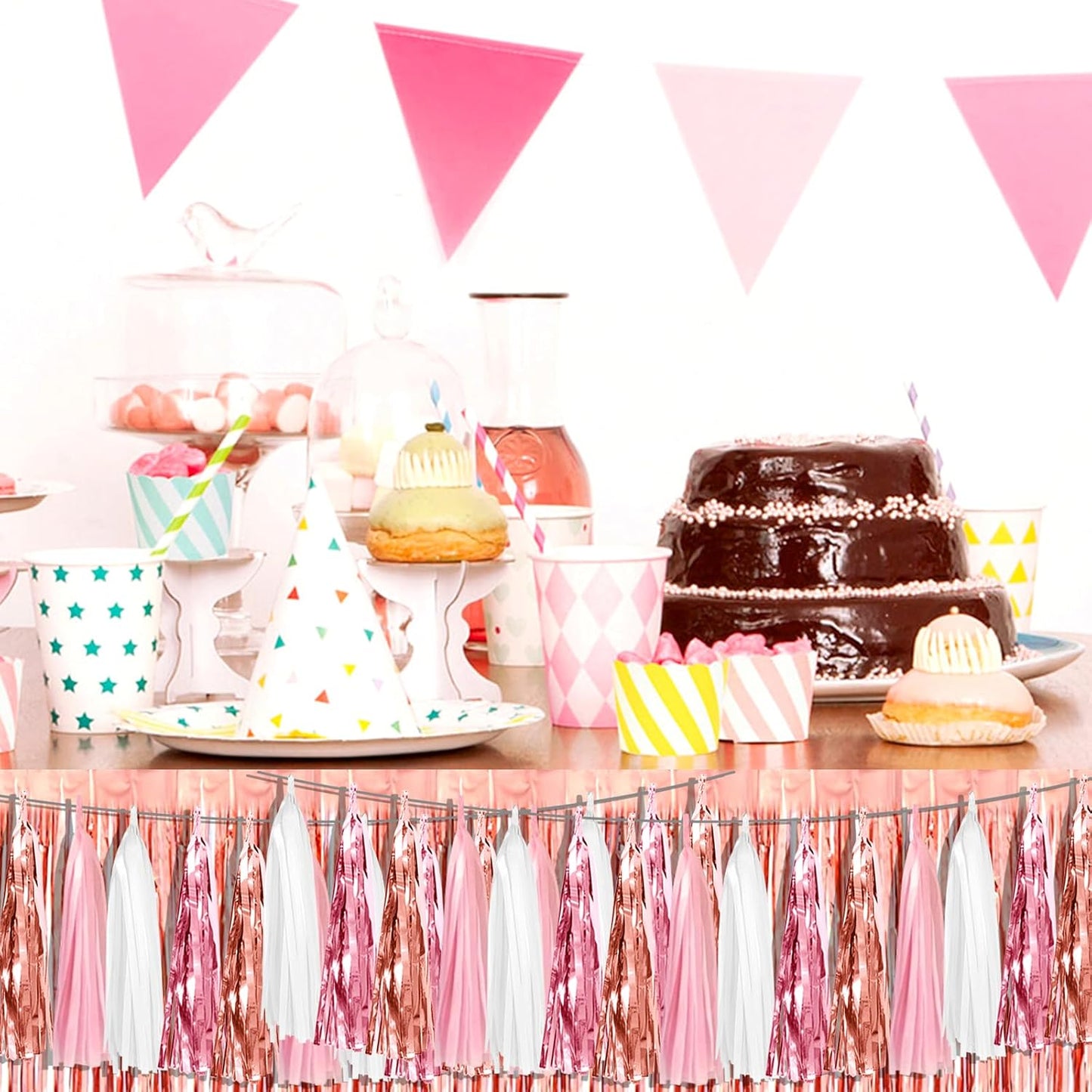 6P Pink White Peach Rose Gold Tassels Foil Fringe Metallic Garland Banner, Tassels Banner Streamers for Parade Floats, Bachelorette, Wedding, Birthday, Christmas, Bridal/Baby Shower Party Decorations