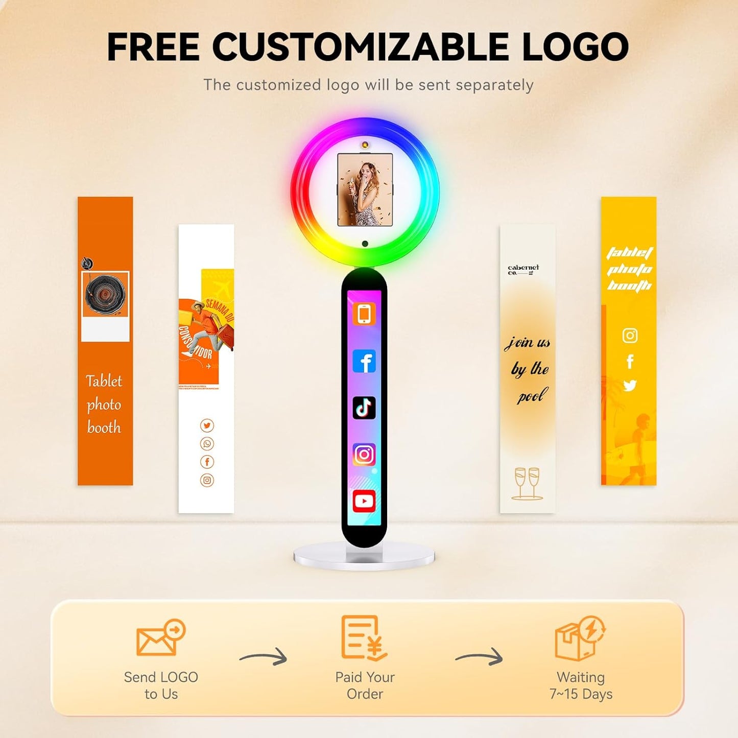 Photo Booth Stand Compatible with 10.2"-12.9" iPad, Large Light Box Customized Logo Photobooth Machine Cyratok APP Software Control Ring Light,Perfect for Wedding/Parties/Birthday(Flight Case)