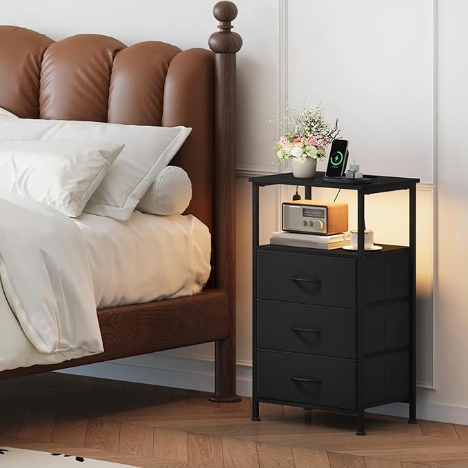 Somdot Black Nightstand with Charging Station and LED Light - Image 2