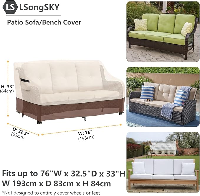 Patio 3-Seater Sofa Cover, Outdoor Couch Cover Fits up to 76W x 32.5D x 33H - Image 3