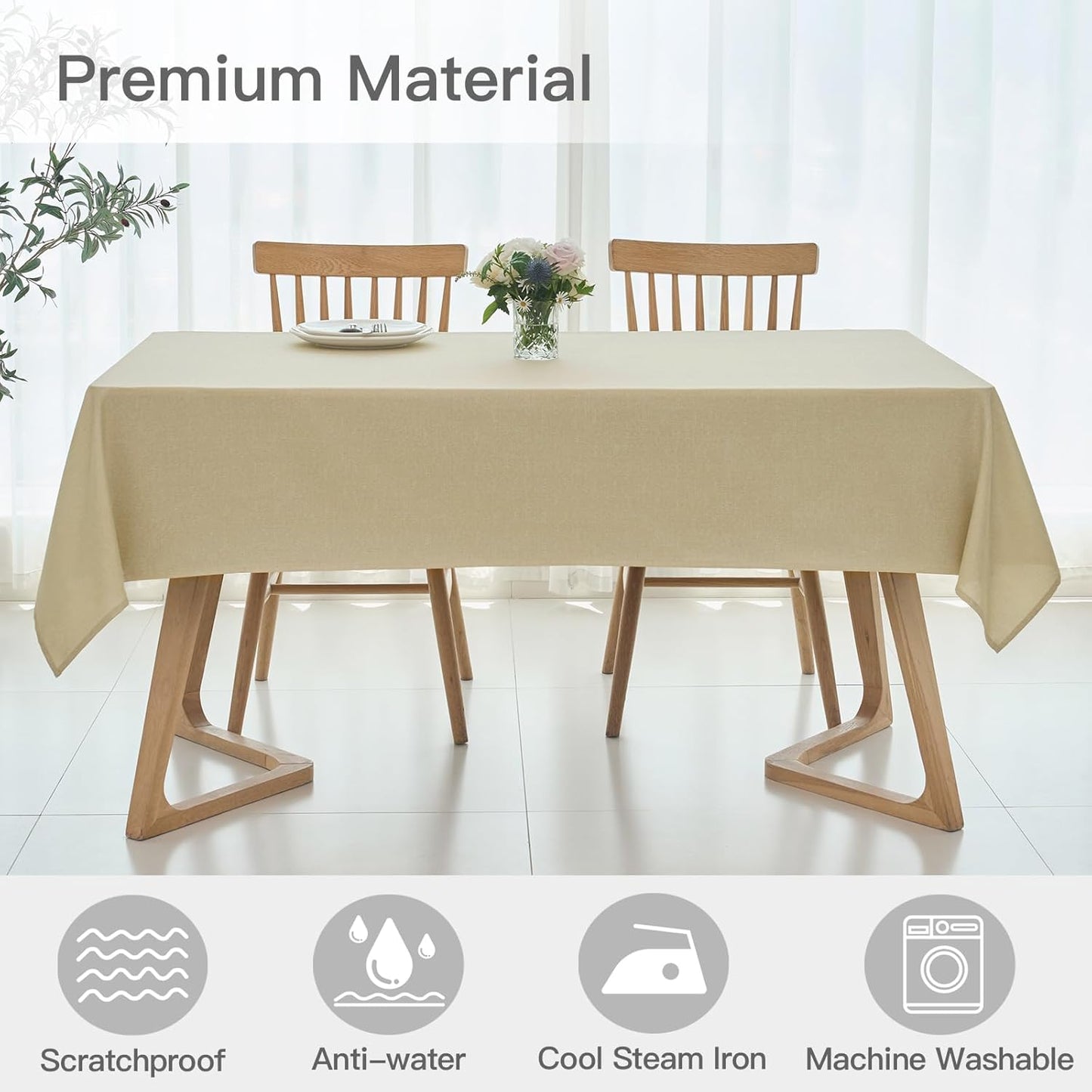 maxmill Rectangle Linen Texture Tablecloth Stain Proof Waterproof Wrinkle Free Washable Dining Table Cloth Wipeable Fabric Table Cover for Dining Room Farmhouse Tablecloths, 60 x 120 Inch, Beige