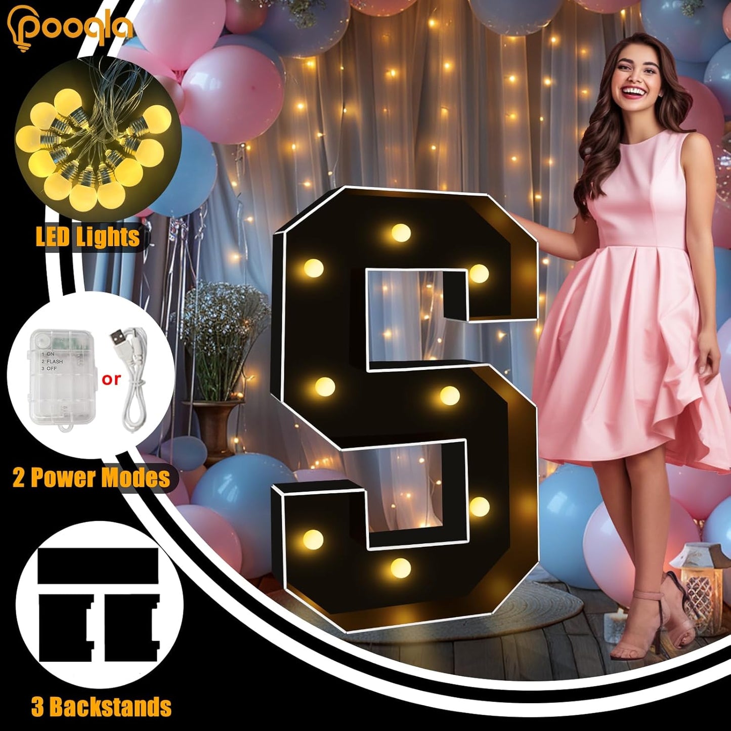 Pooqla 3FT Marquee Light Up Letters, Black LED Party Decor Large Marquee Letters 3 Feet Tall, Giant Mosaic Letter for Birthday Graduation Anniversary Wedding Decoration, Letter D