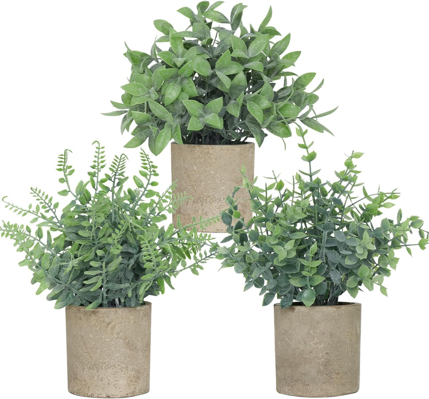 3 Pack Small Fake Plants, Artificial Eucalyptus, Boston Fern & Boxwood Leaves with Gray Paper Pulp Pots, Small Potted Faux Greenery for Home Decor, Bathroom, Shelf, Indoor&Outdoor Decoration