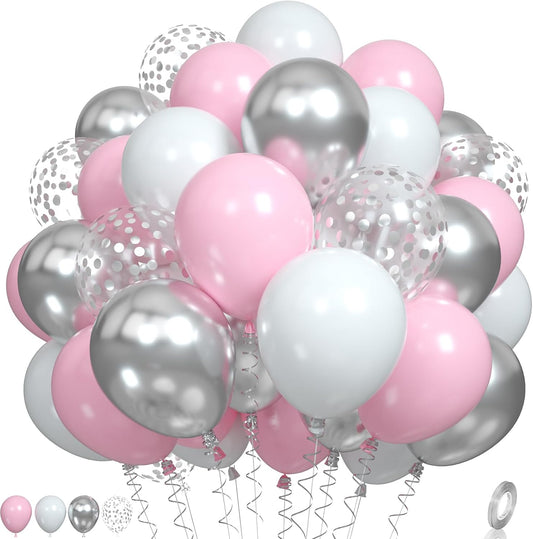 Pink and Silver Balloons, Pastel Pink White Balloon Metallic Silver White Macaron Balloon Party Confetti Balloons for Girls Kids Birthday Bride Wedding Baby Shower Graduation