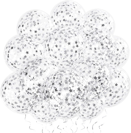 VHUWE 25 Pcs Silver Star Confetti Balloons, 12 Inch Clear Latex Balloon with Confetti Inside for Birthday Party Baby Shower Graduation Engagement Bridal Shower Decorations Supplies - Star Confetti