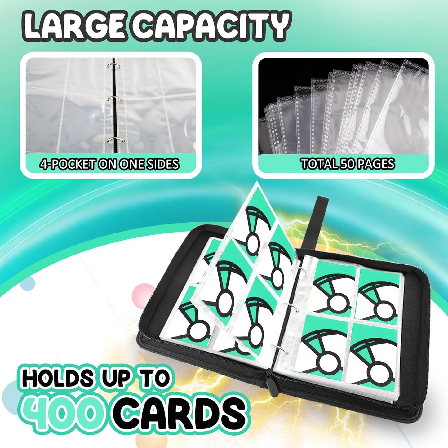 Trading Card Binder 4-Pockets, 400 Pockets Card Holder with 50 Removable Sleeves, Large Capacity & Waterproof Zipper Album Holder for Trading Card Collector, Portable Card Album Book for Card-Green