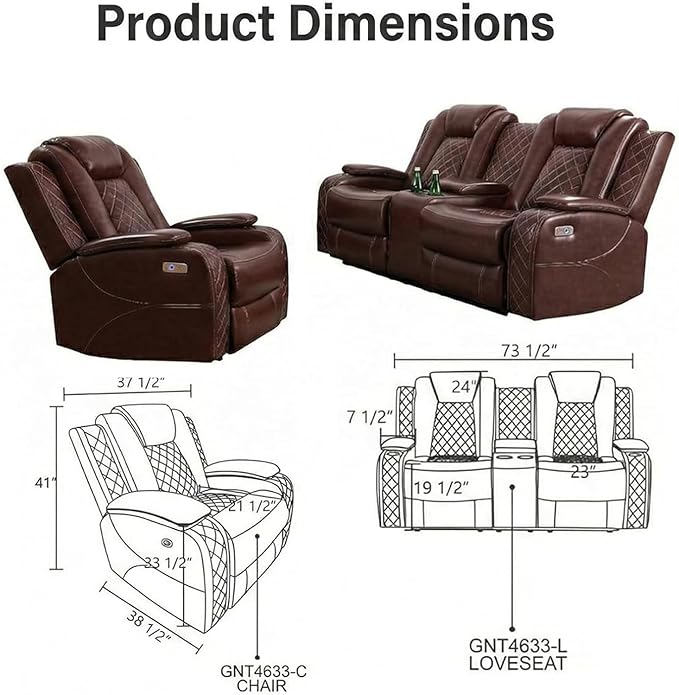 Power Recliner Sofa Set with LED Lights, 2 Manual Recliner 1 Seat and a Loveseat - Image 2