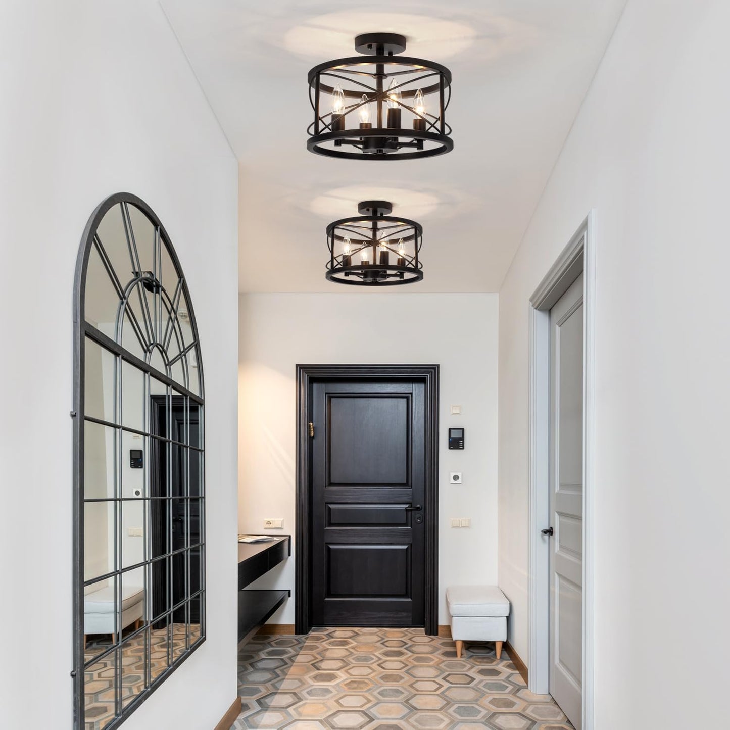 Black Semi Flush Mount Ceiling Light Fixture, 4-Light Farmhouse Modern Ceiling Light, Hallway Light Fixtures, Kitchen Lights, Ceiling Lamp for Entryway Dining Room Bedroom Laundry Lighting UL-Listed