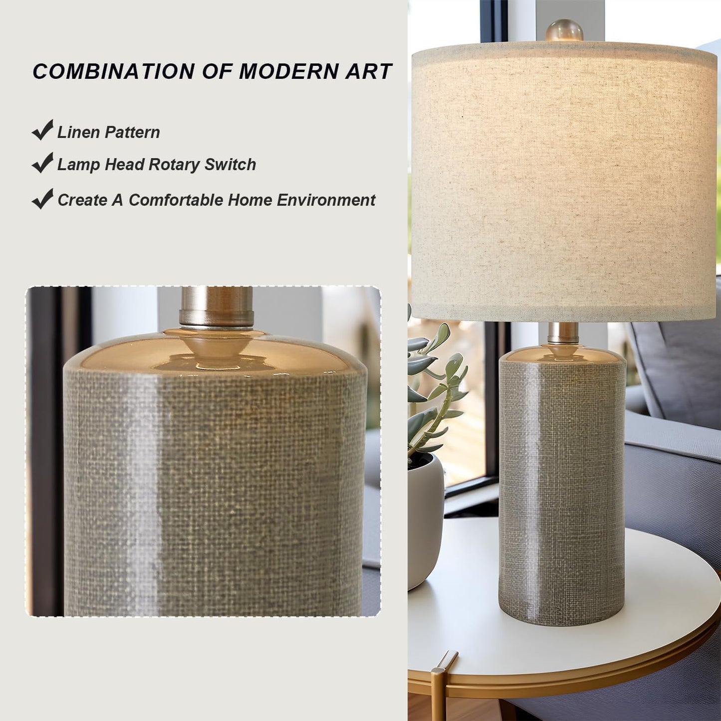 20.25/inch Modern Ceramic Table lamp Set of 2 Small Farmhouse Bedside lamp Dark Grey Nightstand Lamp End Table Lamps for Living Room Bedroom Study Office AMZ-T1109DG0