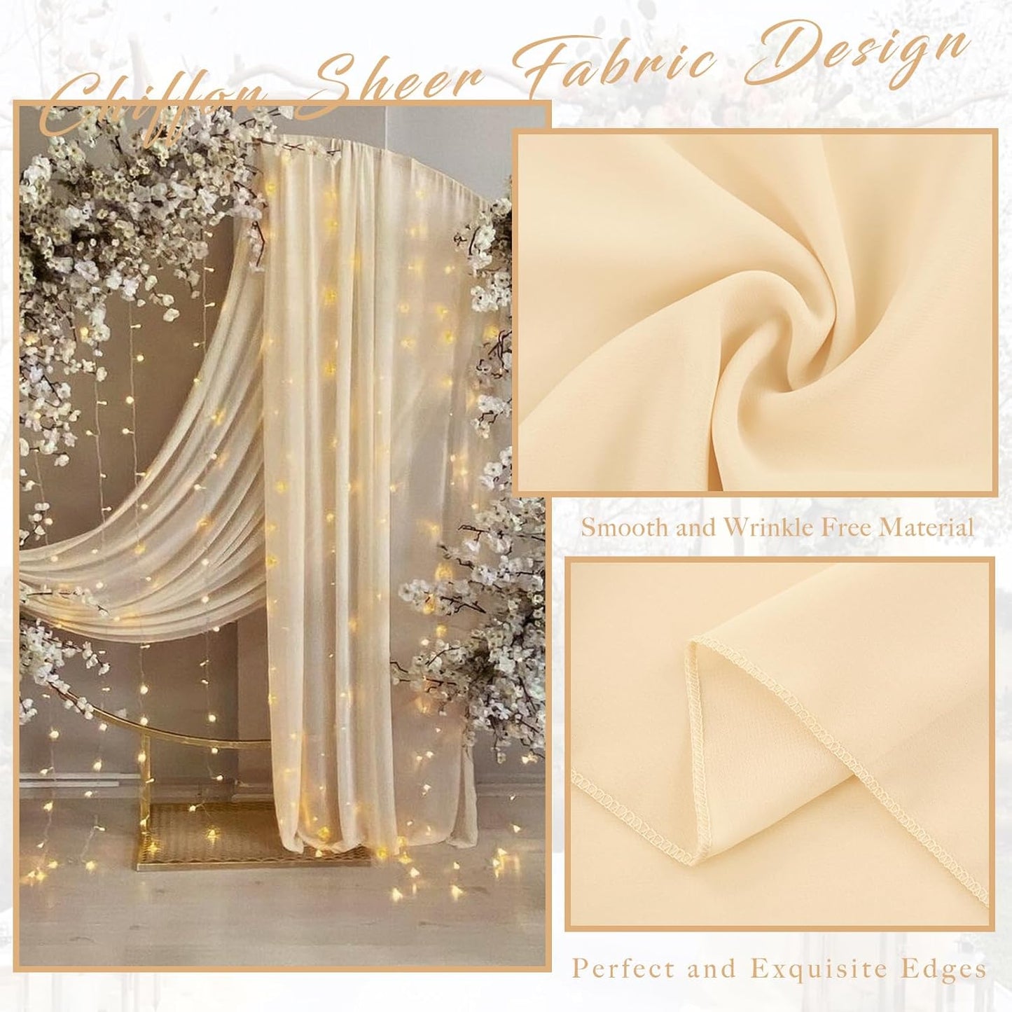 2 Panels Wedding Arch Draping Fabric 20Ft Length x 28" Width Champagne Arch Drapes Chiffon Fabric Sheer Curtains Backdrop for Party Bridal Decorations Wedding Ceremony Ceiling Stage Reception Decor