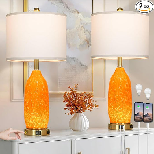 Rinweey 26" Modern Orange Glass Table Lamp Set of 2, Bedside Lamps by Rinweey