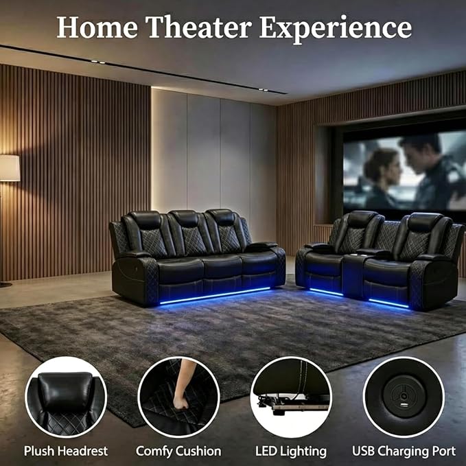 Power Recliner Sofa Set with LED Lights, Includes a Manual Loveseat and a 3 - Image 4