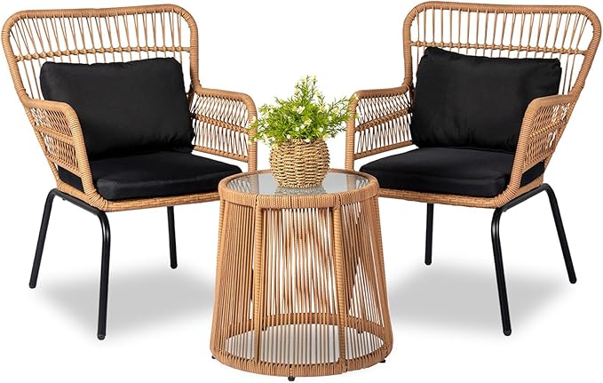 3 Piece Outdoor Wicker Furniture Bistro Set, Rattan Chairs Conversation Sets by HOMEZILLIONS