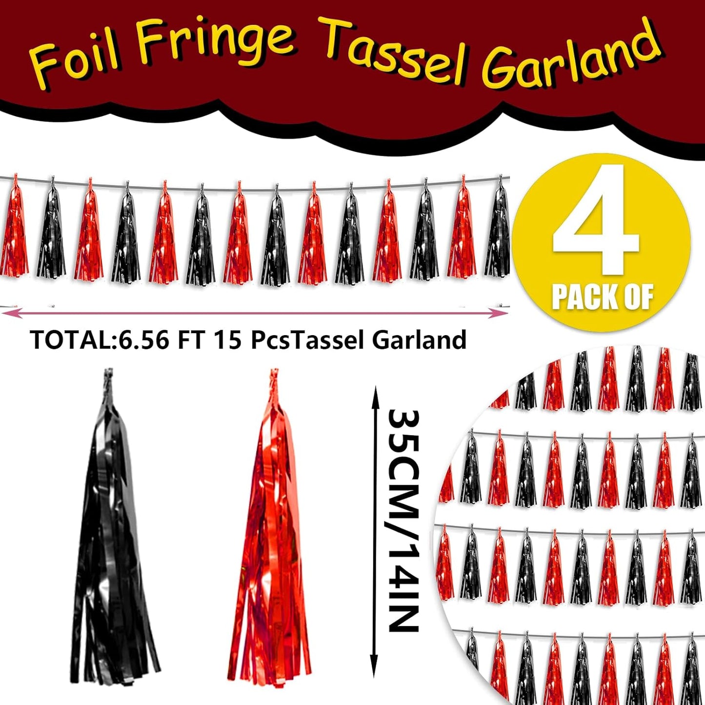 4P Black red Foil Fringe Tassel Banner Garland Metallic Tinsel Streamers Wall Hanging Curtain Backdrop Banner for Parade Floats, 2024 Graduation Decorations, Father's Day Party Decoration