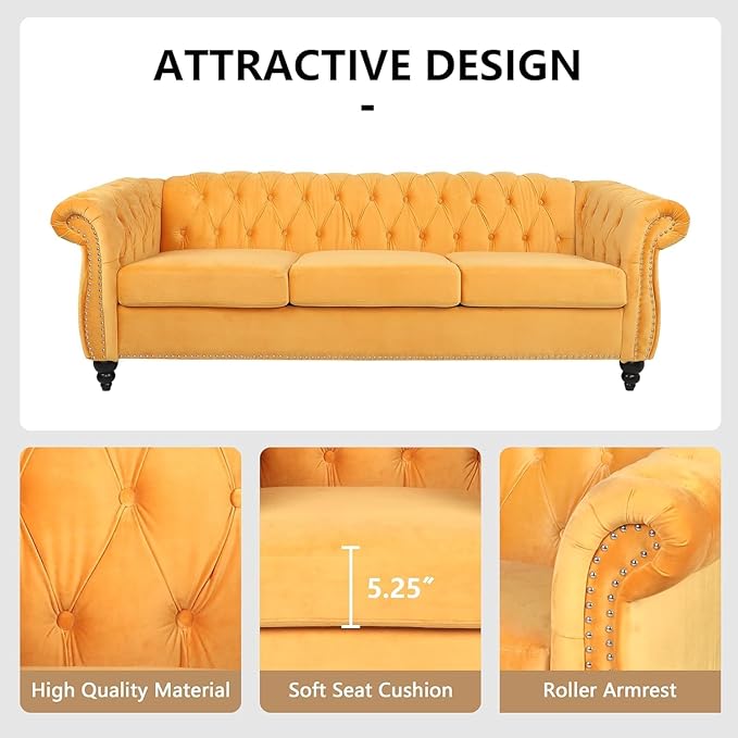 Mid-Century 3 Seater Sofa, Velvet Couch - Image 5
