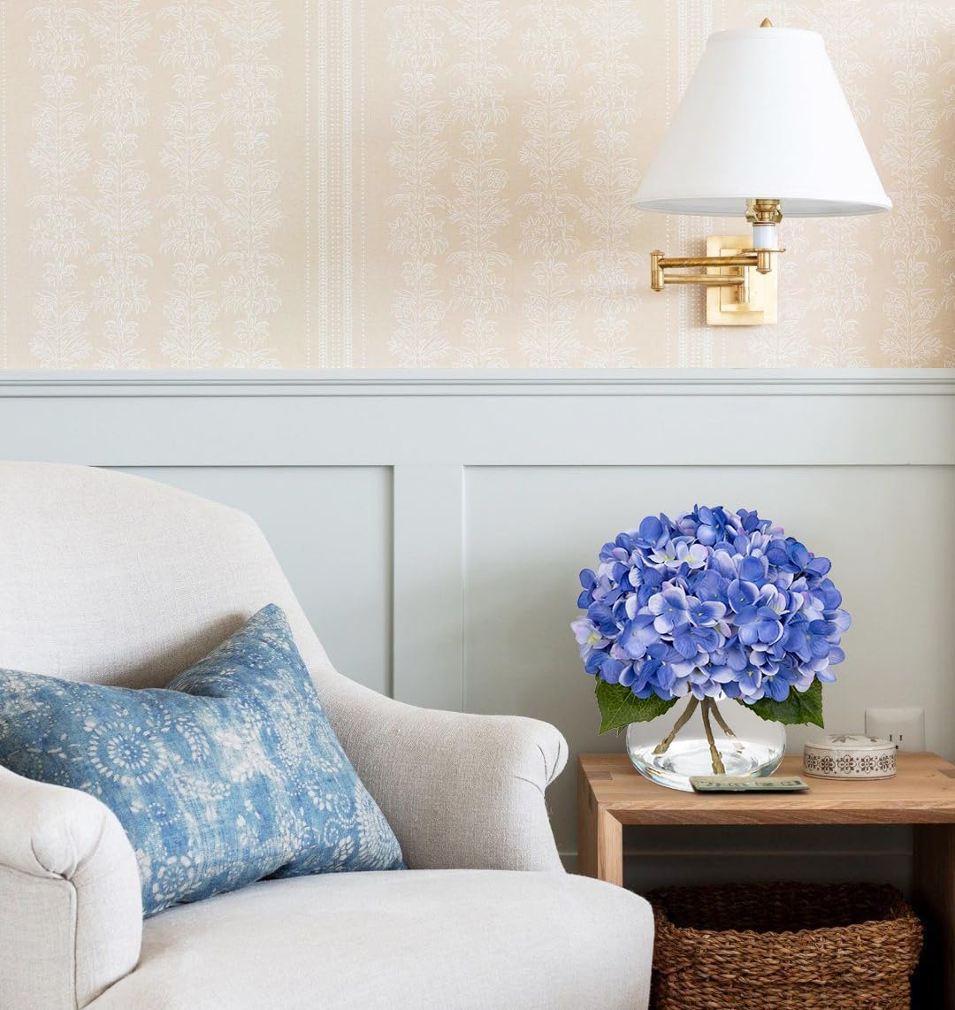 Hollyone Hydrangea Artificial Flowers with Vase Slate Blue Silk Fake Flowers Arrangements Floral Bulk Bouquet in Glass Vase with Faux Water for Home Bathroom Office Table Centerpiece Shelf Decorations