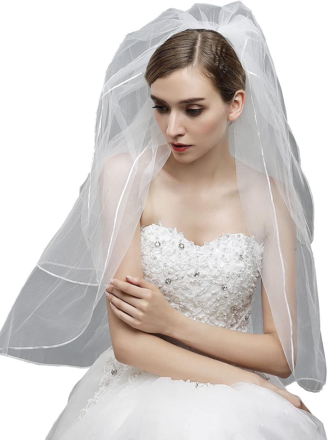 Women's Short Wedding Veils with Comb 3 Tier Halloween Tulle Bridal Veil