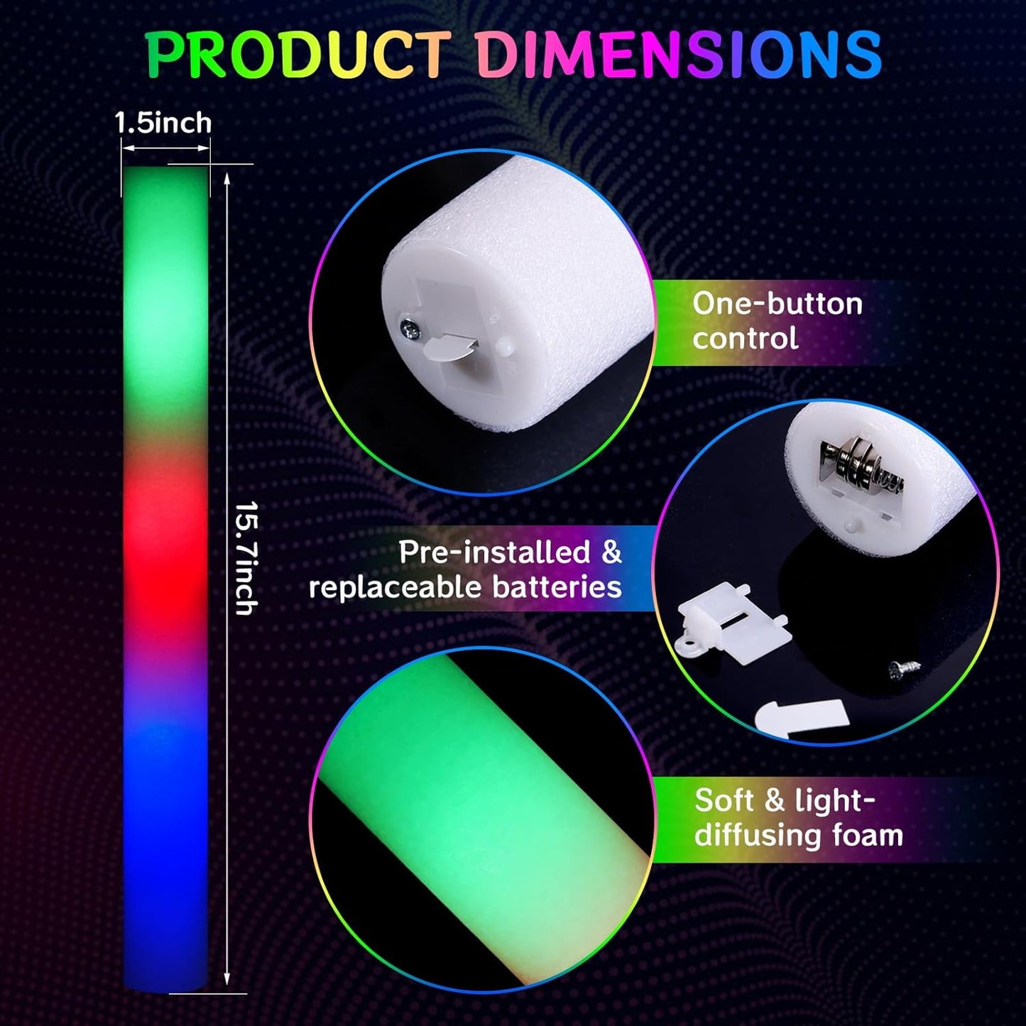 AOWDIAO 100 Pcs 16″ Foam LED Glow Sticks, 3 Light Up Modes, Party Favors for Wedding, Festival & More