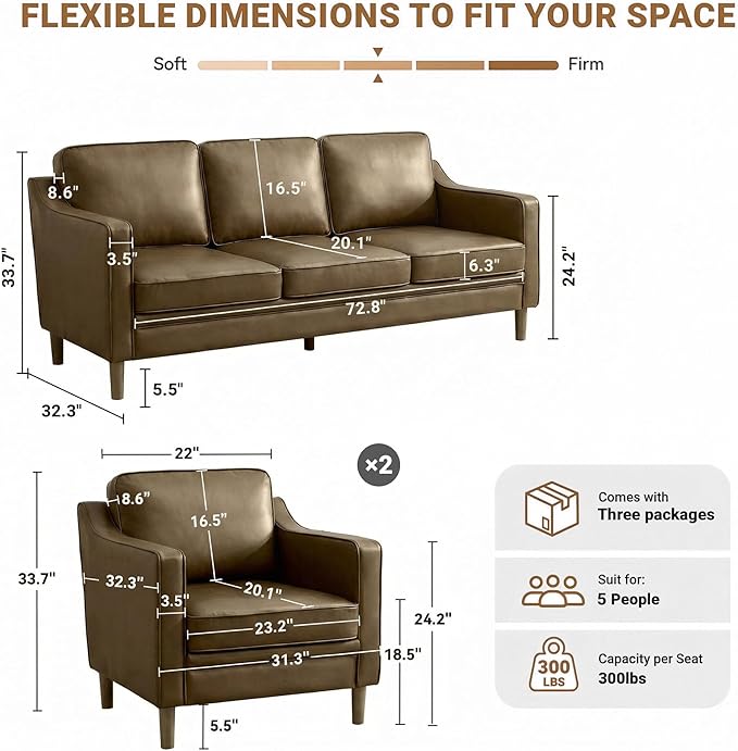 Kingfun Living Room Furniture Sets, 3 Seater Couch and 2 Armchair, Mid Century - Image 2