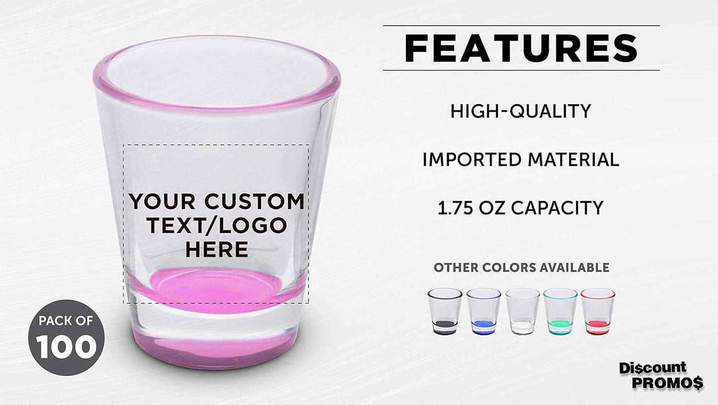 Custom Shot Glasses 1.75 oz. Set of 100, Personalized Bulk Pack - Great for Wedding Favors, Bachelorette Party Decorations, Party Fovors, Color Bottom - Pink