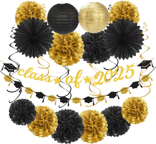 Black-Gold 2025 Class-Congratulations Graduation Party-Decorations - 22pcs High School College Grad Prom Supplies Decor, Tissue Pom Poms Streamers, Paper Flowers Lanterns Hugmoon