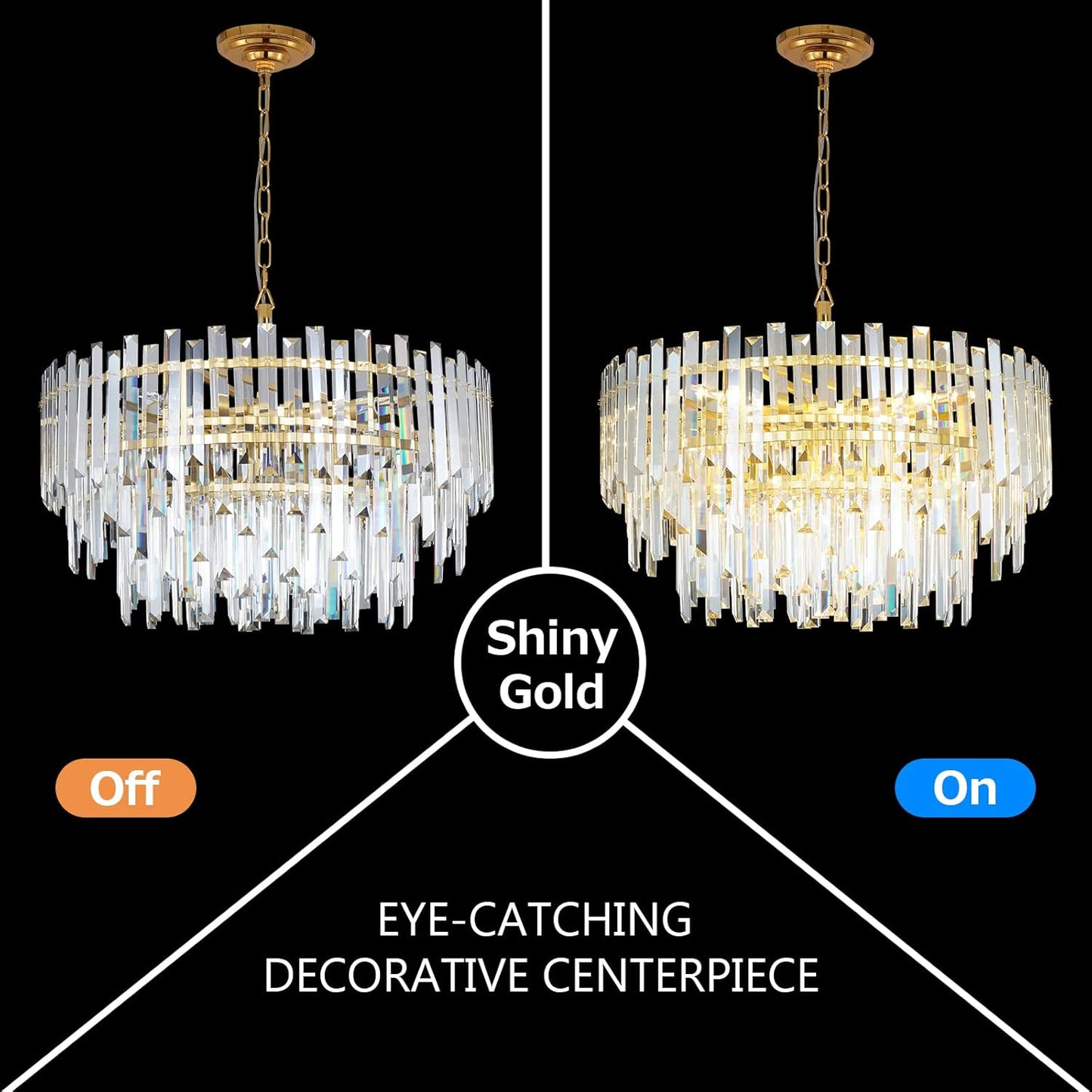 Gold Copper Crystal Chandelier Lighting 24'' for Dining Rooms Bedroom Foyer Entryway Ceiling Hanging Pendant Chandelier Light Fixture Lamp