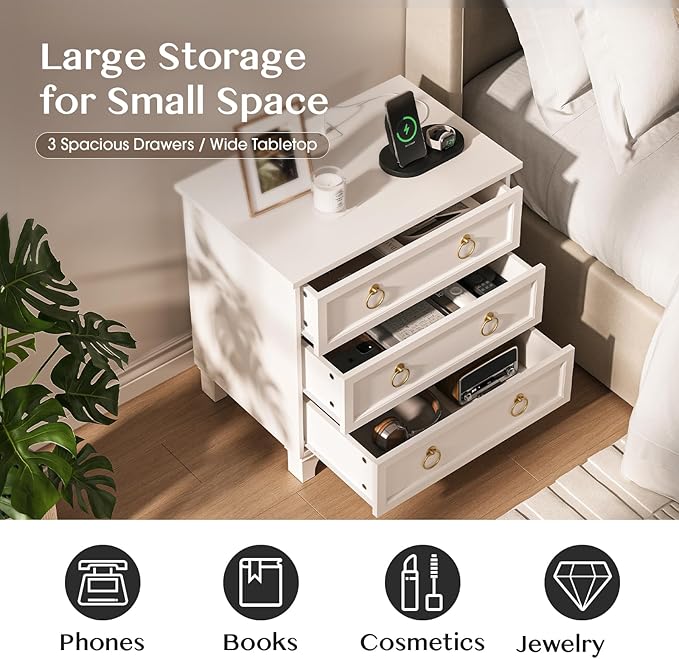 JOINICE White Night Stand with Charging Station, Modern Nightstand with 3 - Image 5