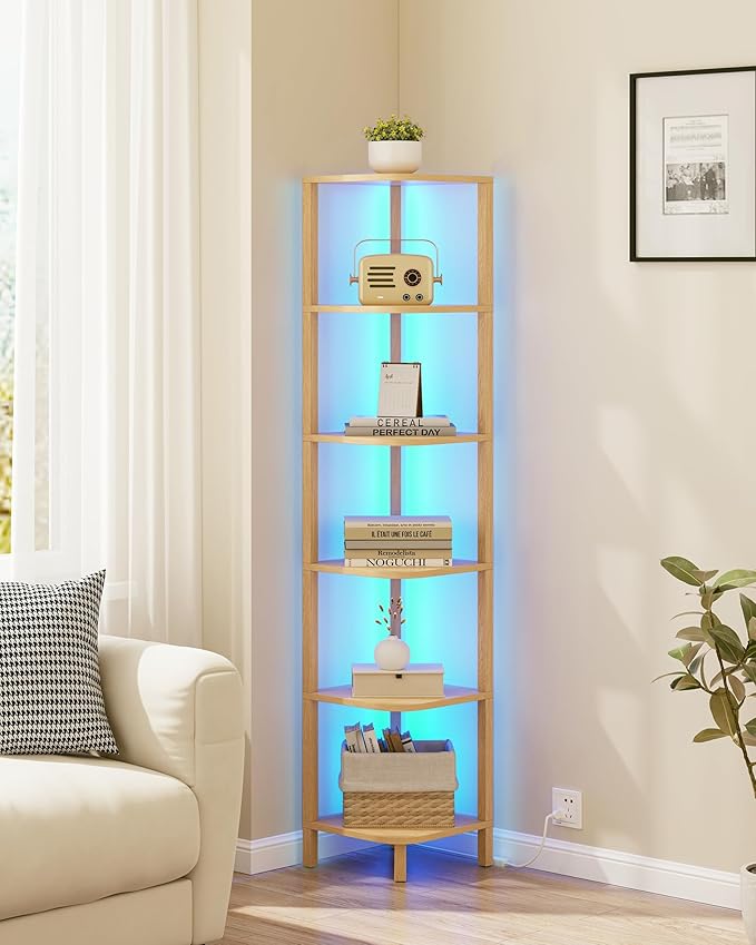 TUTOTAK Corner Shelf with LED Light, 6-Tier Corner Bookshelf - Image 6