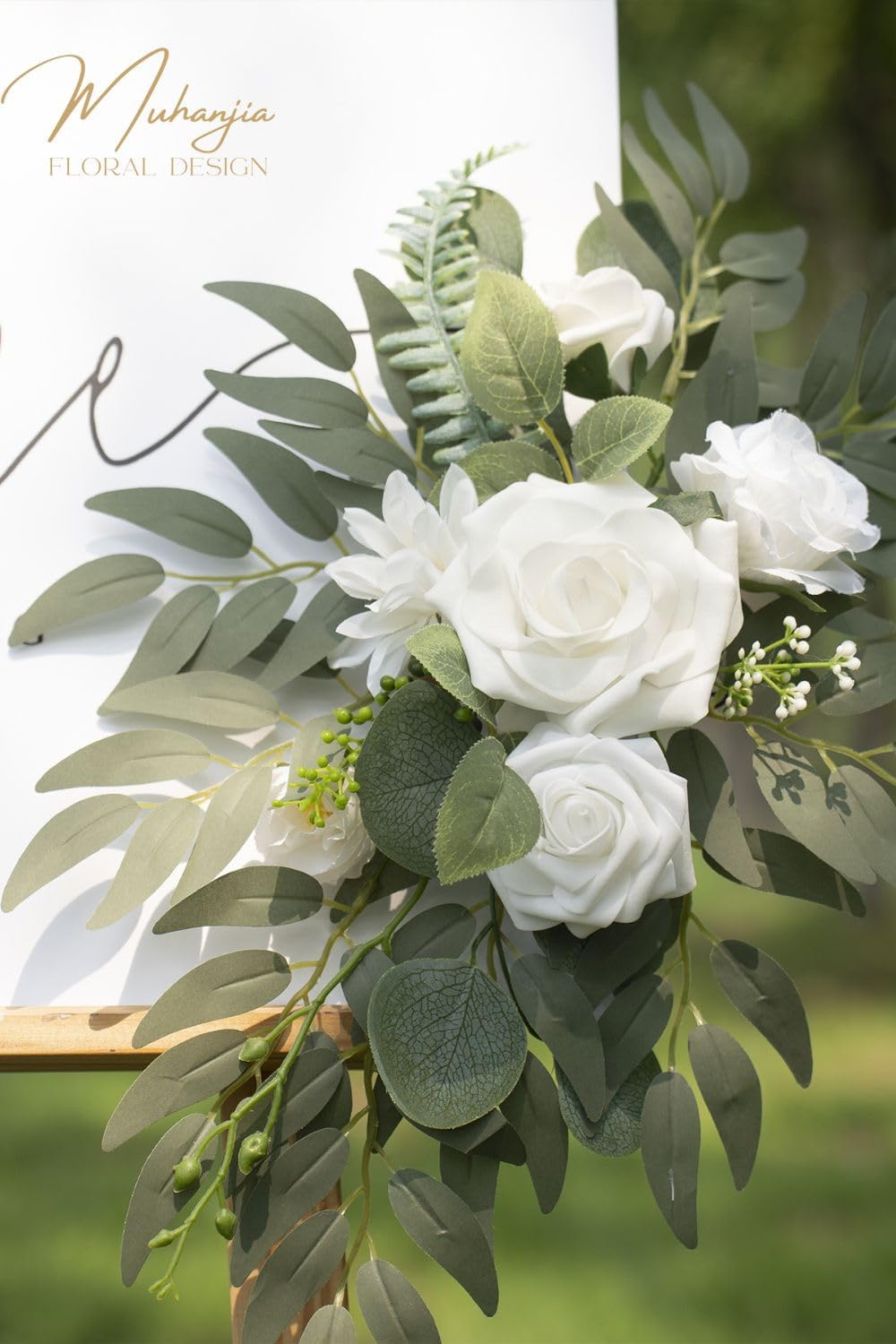 Wedding Sign Faux Flower Swag (Pack of 2) for Ceremony Party Reception Entrance Floral Decor Wall Easel Stand for Wedding Poster Welcome Sign (Natural White)