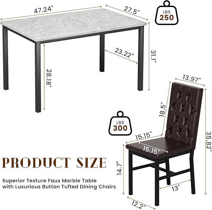 Hooseng Dining Table Set for 4, Faux Marble Small Kitchen Table Chairs Set of 4 - Image 3