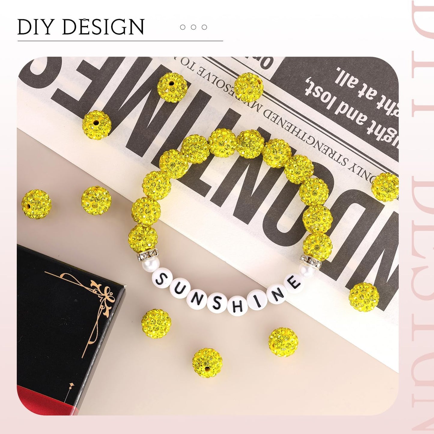 100 pcs 10mm Rhinestone Beads for Jewelry Making, Yellow Shiny Round Shamballa Disco Beads Bulk, Sparkle Crystal Clay Christmas for Bracelet Baseball Necklace Earring Crafting and DIY