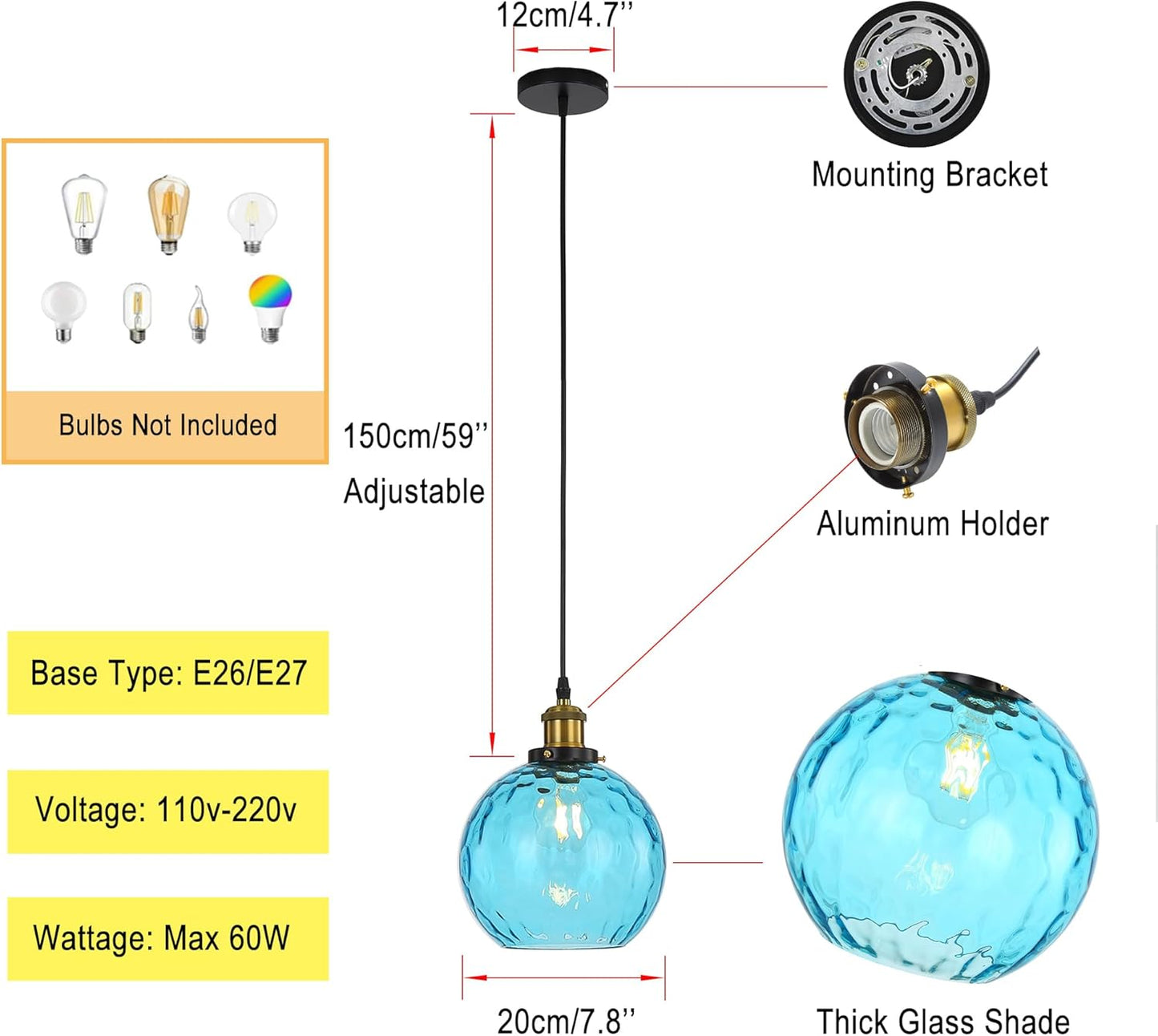 Pendant Light Shade Industrial Hanging Lights Fixtures Ceiling Outdoor Pendant Lighting for Kitchen Island Dining Room Unique Lamp in Kitchen Farmhouse Bedroom (Blue, 7.8 Inches)