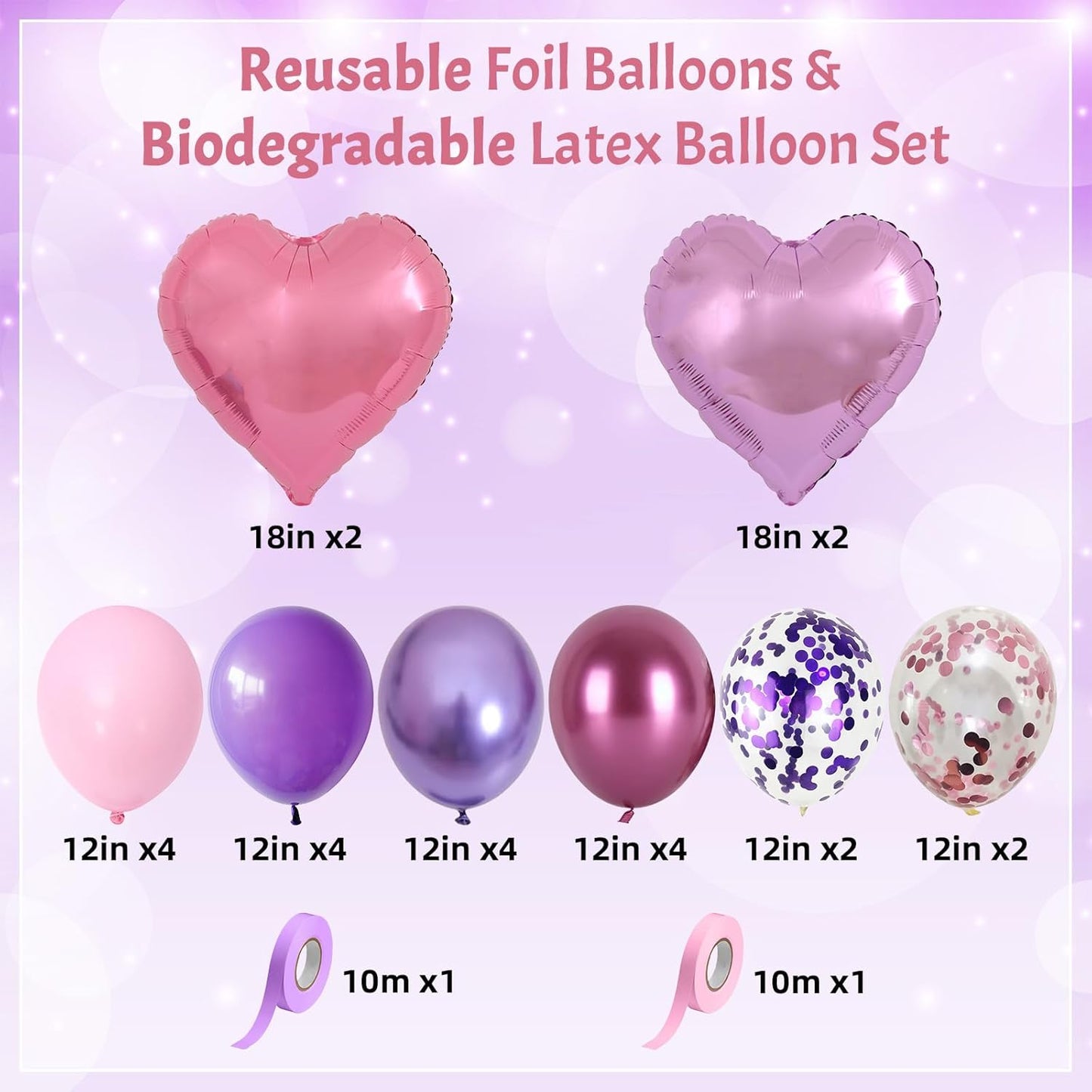 Purple and Pink Balloons Heart Balloons as Princess Birthday Party Decorations, Metallic Magenta Hot Pink Purple Confetti Balloon 18 inch Clear Heart Shape Balloon for Girls Happy Birthday Party Decor