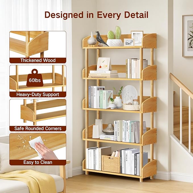 5-Tier Wooden Bookshelf, Modern Open Bookcase - Image 4