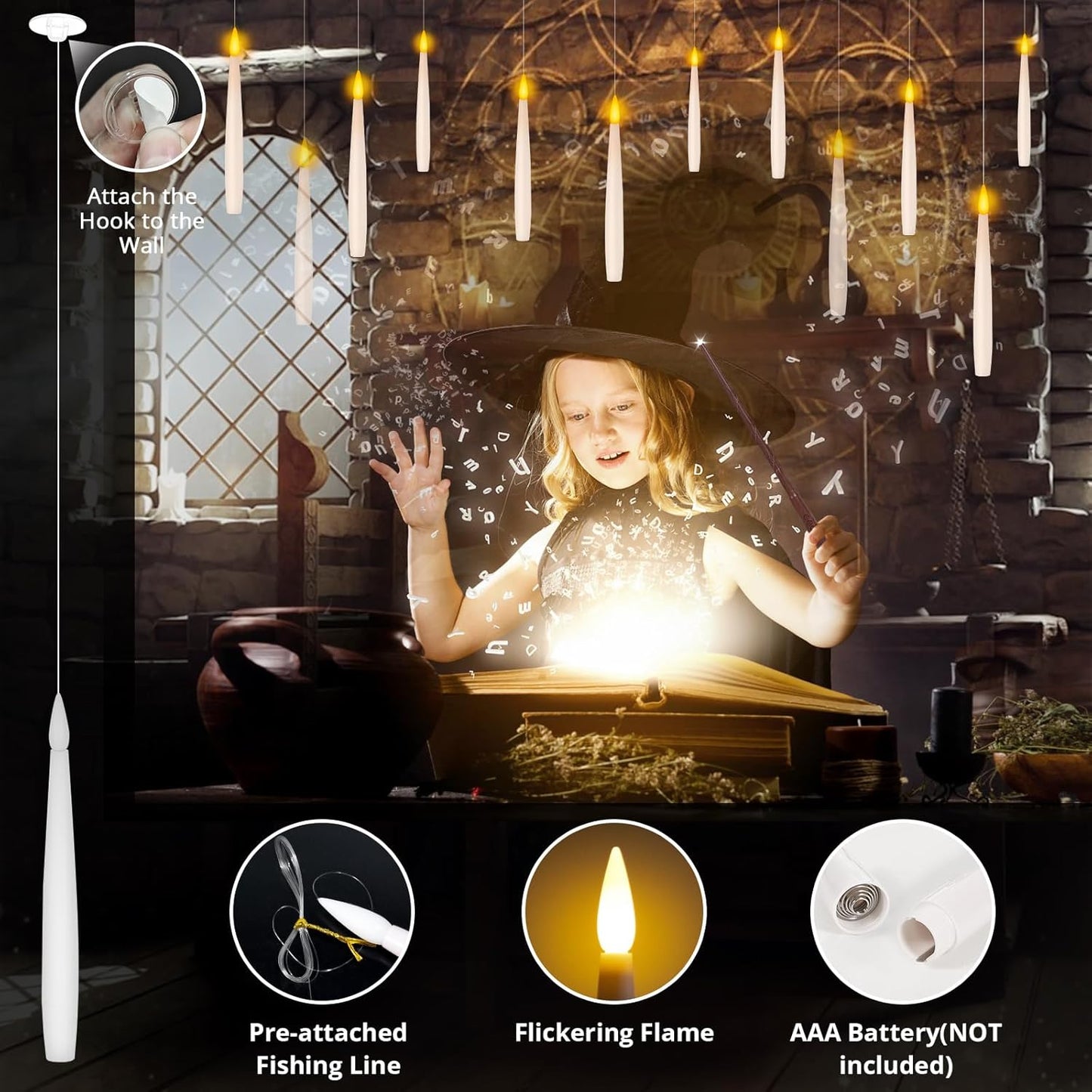 NURADA Floating Candles with Wand Remote Timer - Magic LED Hanging Flameless Taper Candles Flickering Battery Operated for Birthday Theme Party Halloween Home Window Decor - White 12 Pack