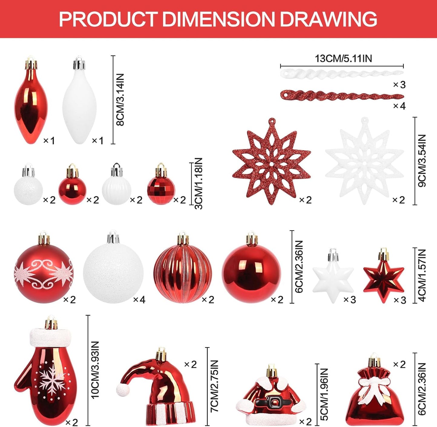 Red White Christmas Ornaments Set, 45PCS Plastic Shatterproof Christmas Tree Hanging Decorations, for Indoor Holiday Party Thankgivings Xmas Decor.