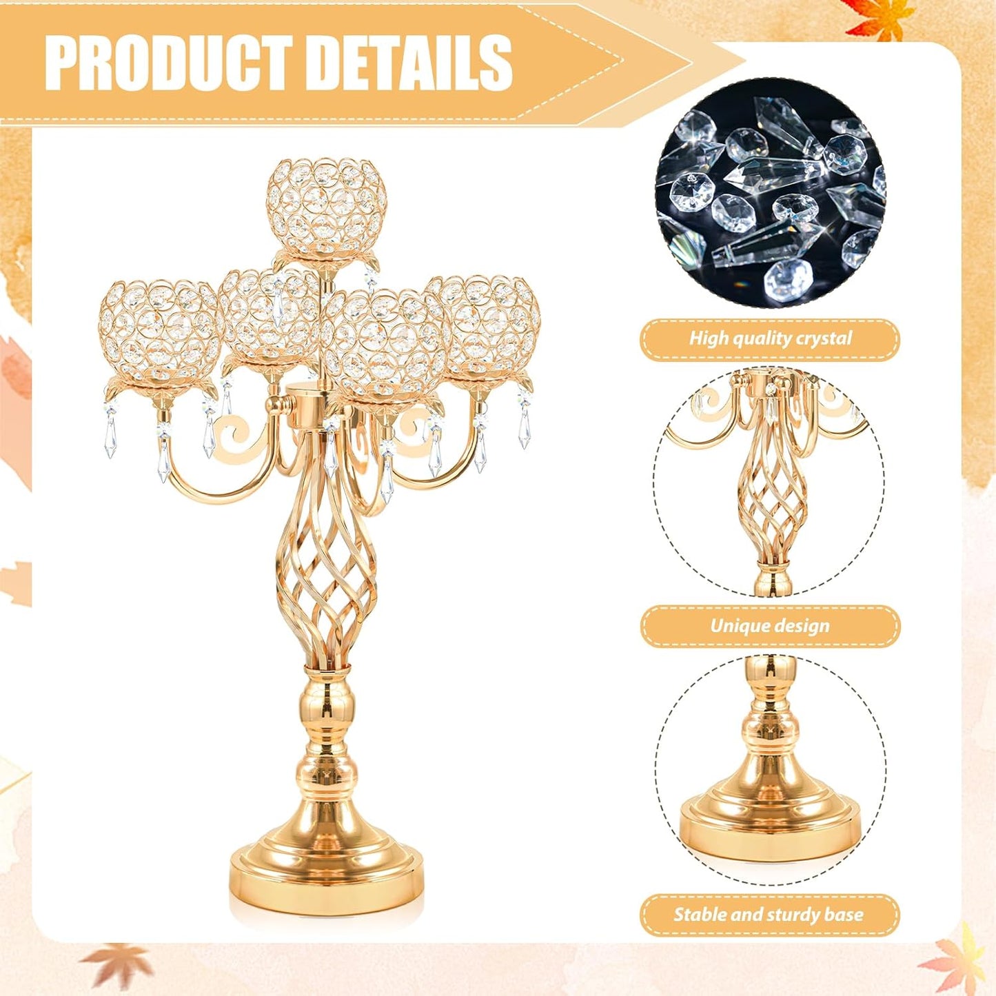 5-Arm Crystal Candelabra Centerpiece 23.2" Tall - Elegant Candle Holder Stand with Crystal Bowl, Chic Table Decor for Weddings, Parties, Anniversary & Home Decoration (2, Gold)