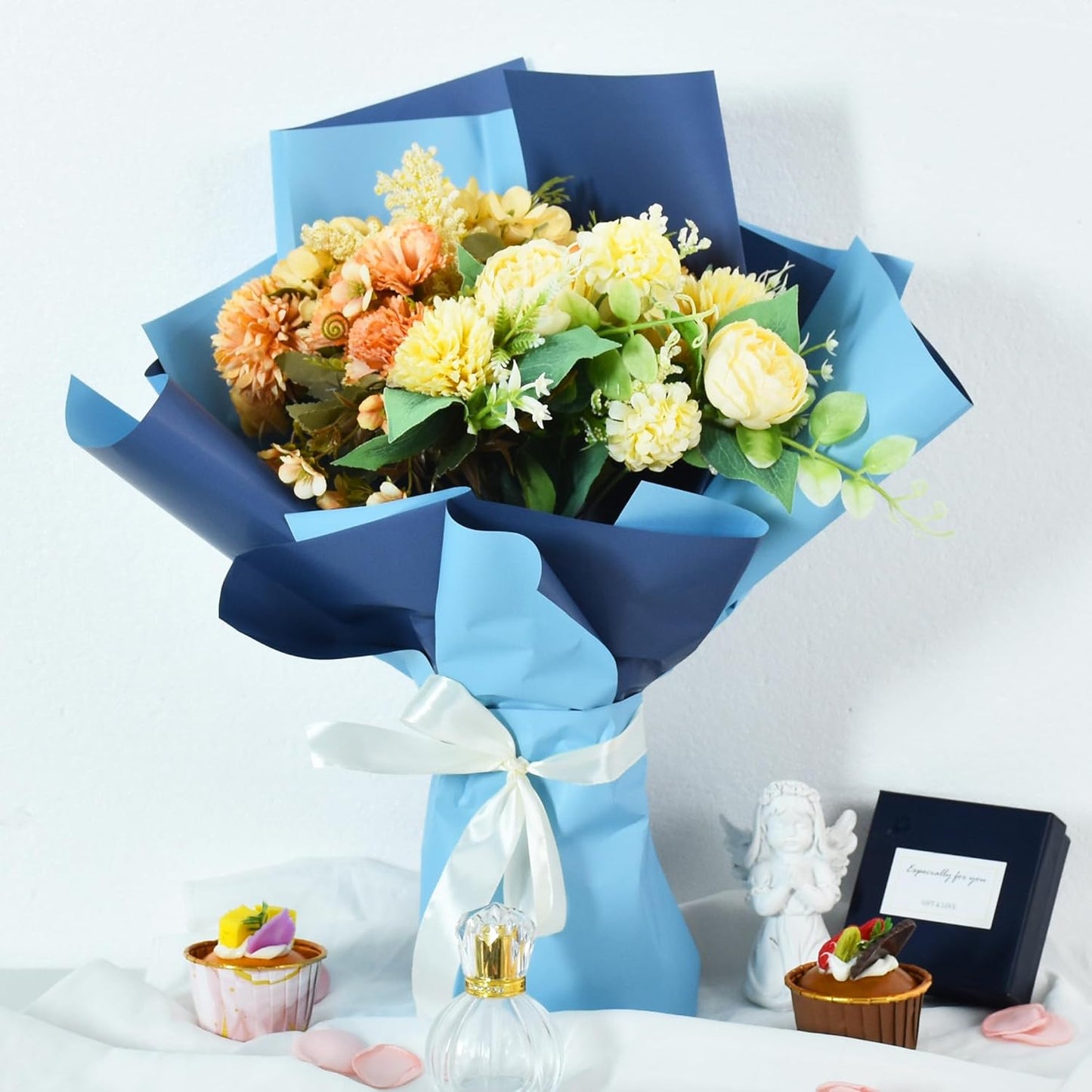 BEISHIDA 20Pcs Royal Blue and Sky Blue Double Sided Floral Wrapping Paper Matte Waterproof Flower Bouquet Wrapping Paper for Floral Wrap Florist Packing Birthday Valentine's Christmas Gift Wrapping