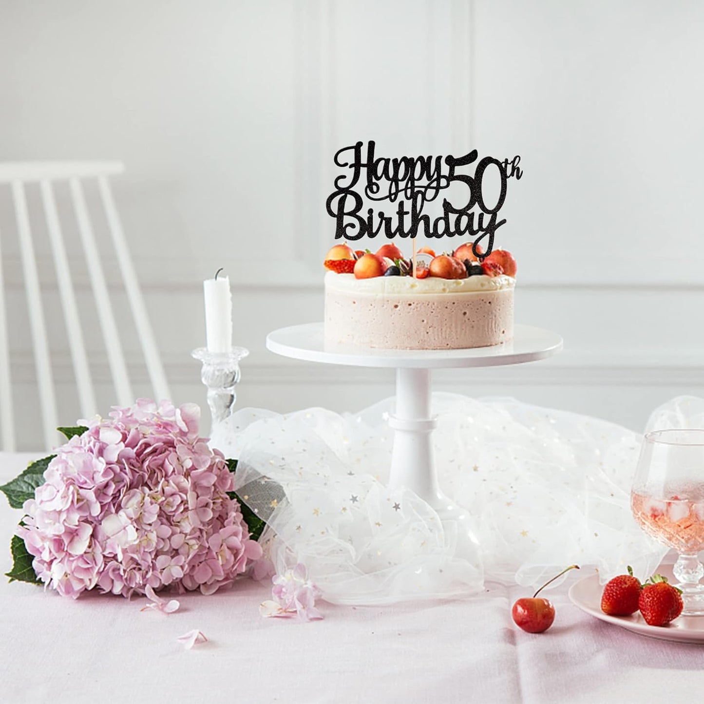 1 PCS Happy 50th Birthday Cake Topper Glitter Cheers to 50 Years Birthday Cake Pick 50 Fabulous Cake Decoration for Happy 50th Birthday Anniversary Party Decorations Supplies Black