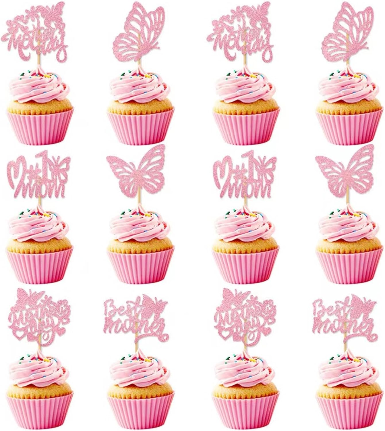 12Pcs Birthday Cupcake Toppers,Pink Glitter Cake Toppers Butterfly Cupcake Picks for Coquette Theme Party Decoration Engagement Wedding Baby Shower Party Cupcake Decor
