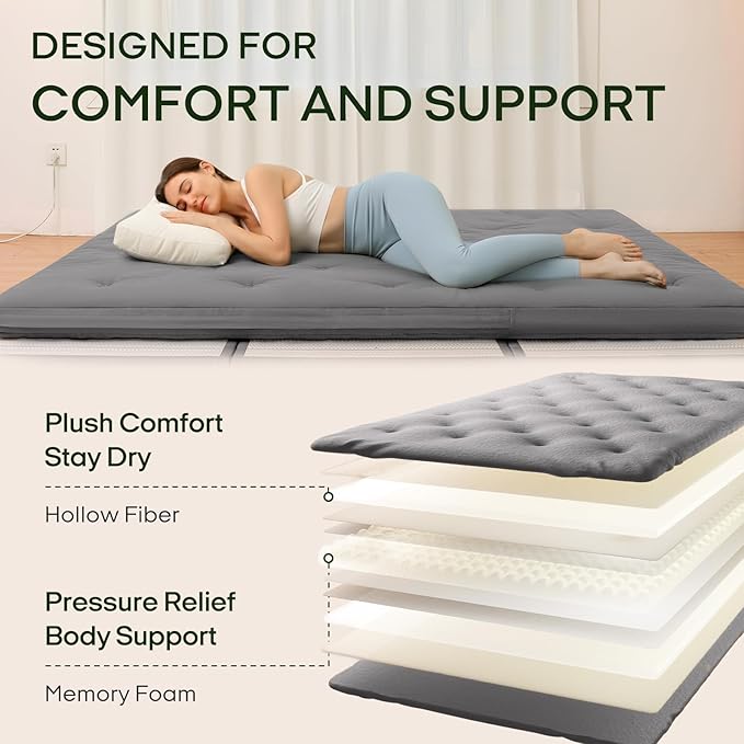 ZonLi Japanese Floor Futon Mattress Queen Size 80"x 60", 100% Cotton Cover 4'' - Image 4