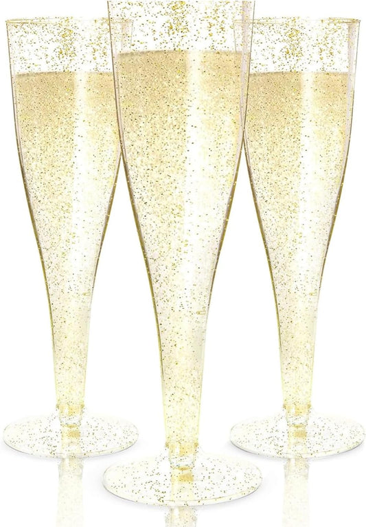 Prestee 24 Plastic Champagne Flutes - Gold Champagne Flutes Plastic - Gold Disposable Mimosa Flute - Party Supplies - Disposable Cocktail Glasses - Mimosa Bar, Wedding, Shower Party