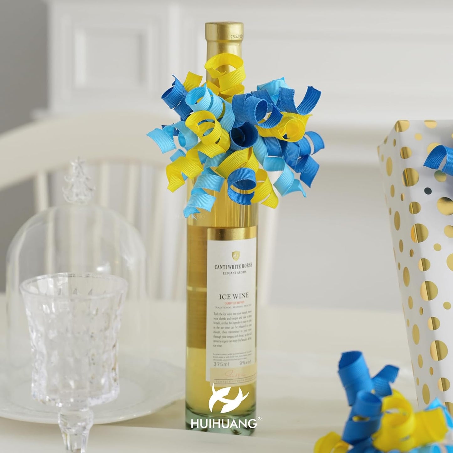 HUIHUANG Baby Shower Bows for Gift Wrapping, Curly Ribbon Bows Self Adhesive Burst Gift Bow for Baby Birthday, Baby Boy Shower Party Favors, Wine Bottle, Treat Bags- 6 Counts