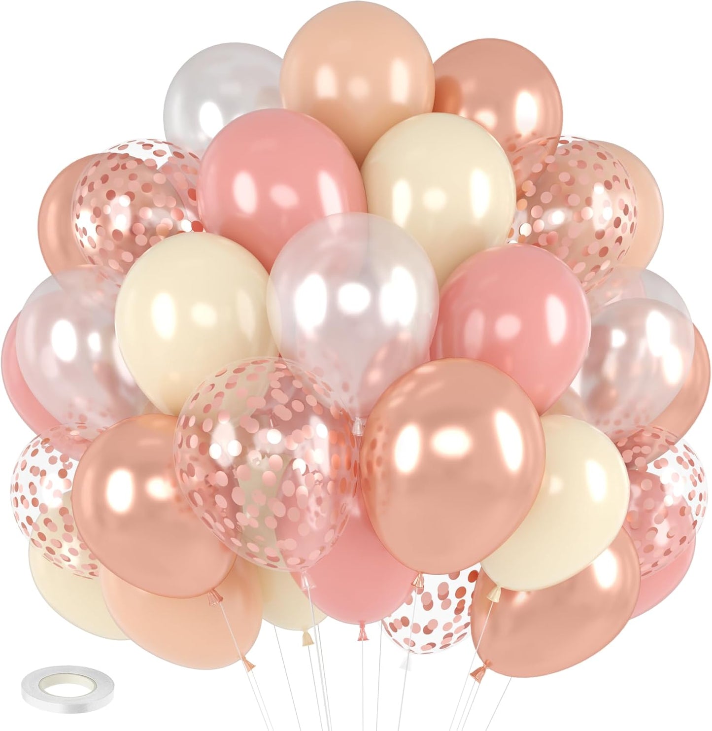 Retro Blush Pink Party Balloons, 52 PCS 12 Inch Metallic Chrome Rose Gold Dusty Pink Maca Orange Beige Latex Balloons with Rose Gold Confetti Balloons for Birthday Wedding Baby Shower Party Decoration