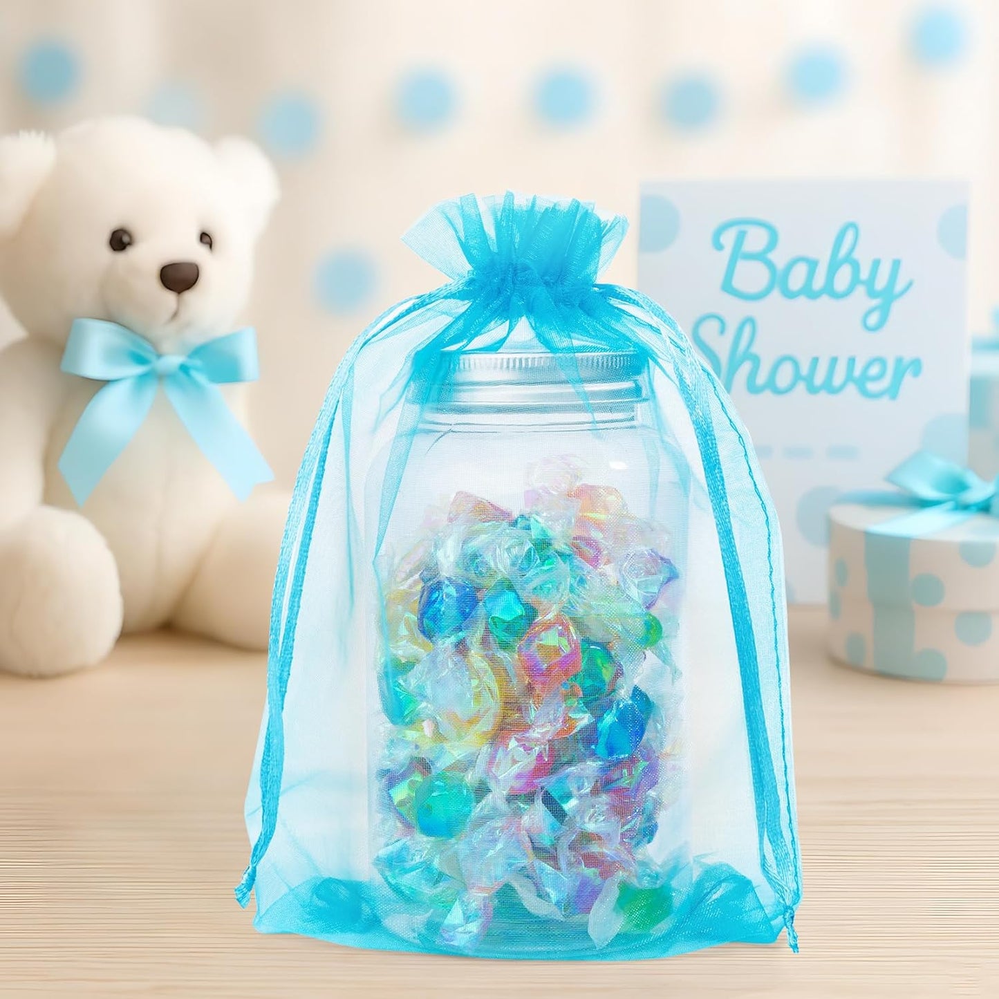 ANZNKU 50 Pack Organza Bags 6x9 Inch, Mesh Bag Drawstring Large Organza Gift Bags for Baby Shower, Party Favors(Lake Blue)