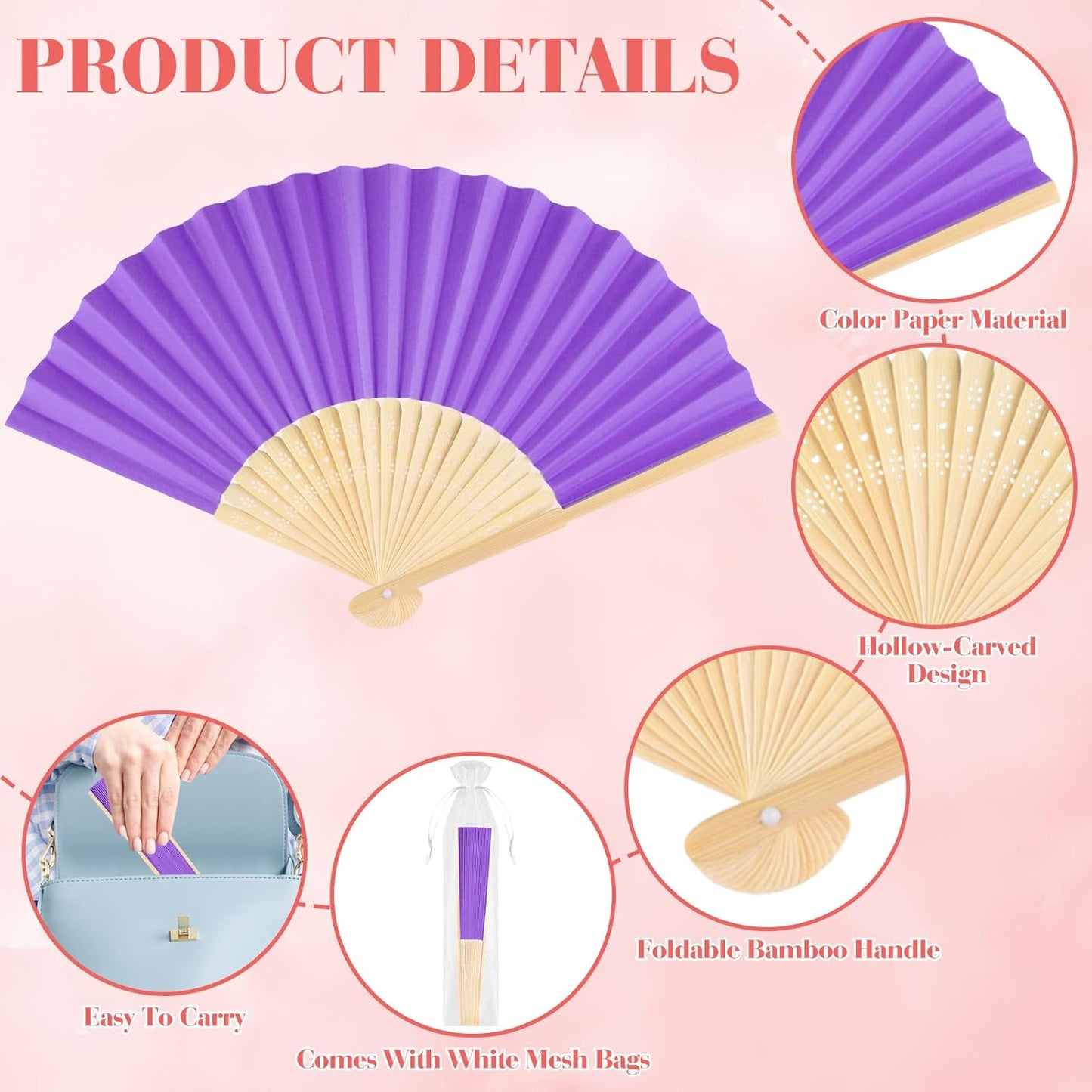 6 Pieces Purple Hand Held Bamboo Folding Fans Foldable Paper Fans Handheld for Women Girls Wedding DIY Decoration Church Home Party Favors Summer